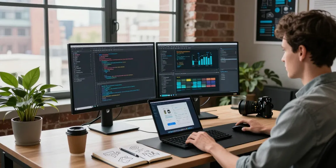Workspace pengembangan perangkat lunak SGA33 dengan monitor dan alat desain modern.