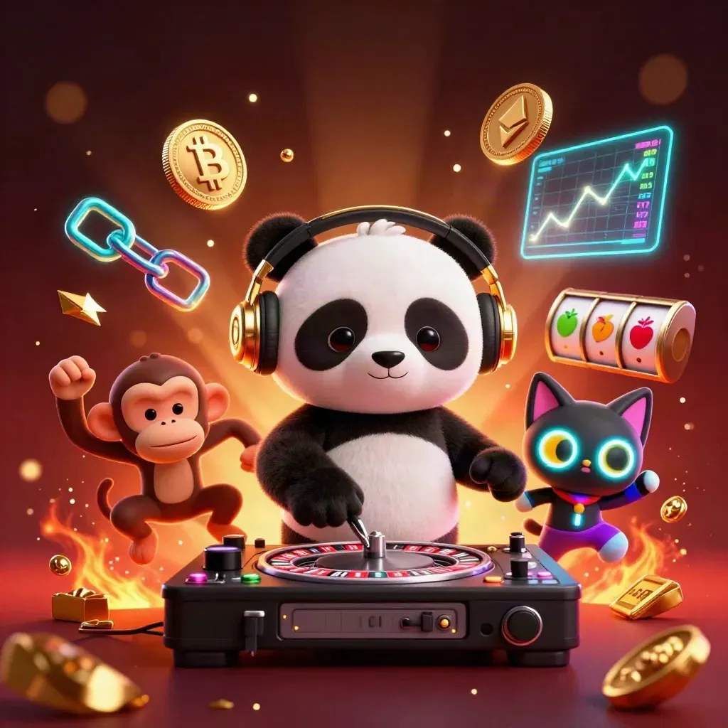 Panda DJ, monyet breakdance, dan kucing rave di tengah koin kripto neon dan kilat digital.