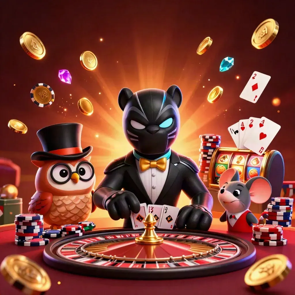 Panther, burung hantu, dan tikus di ledakan koin, permata, dan cahaya neon kasino.