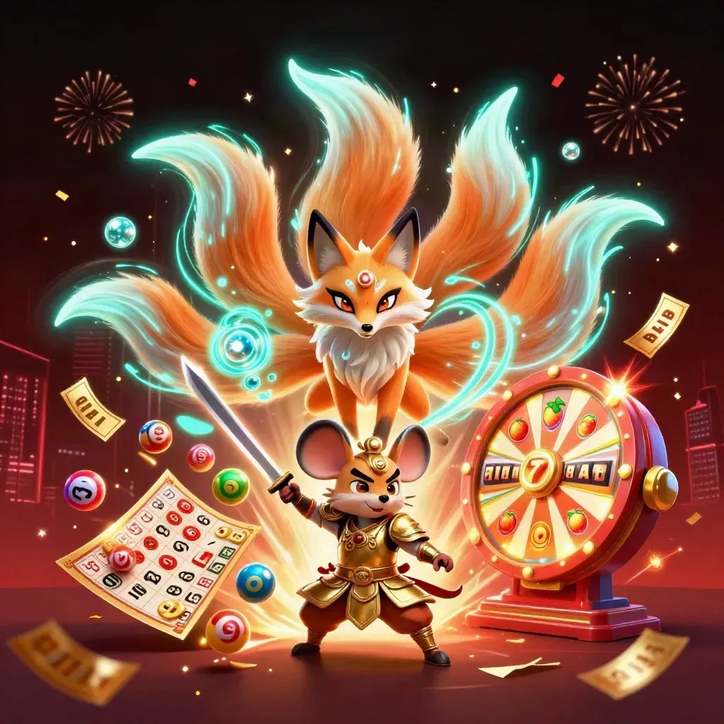 Rubah spirit sembilan ekor dan tikus samurai emas dikelilingi bola lotre, roda hadiah, dan kilau neon.