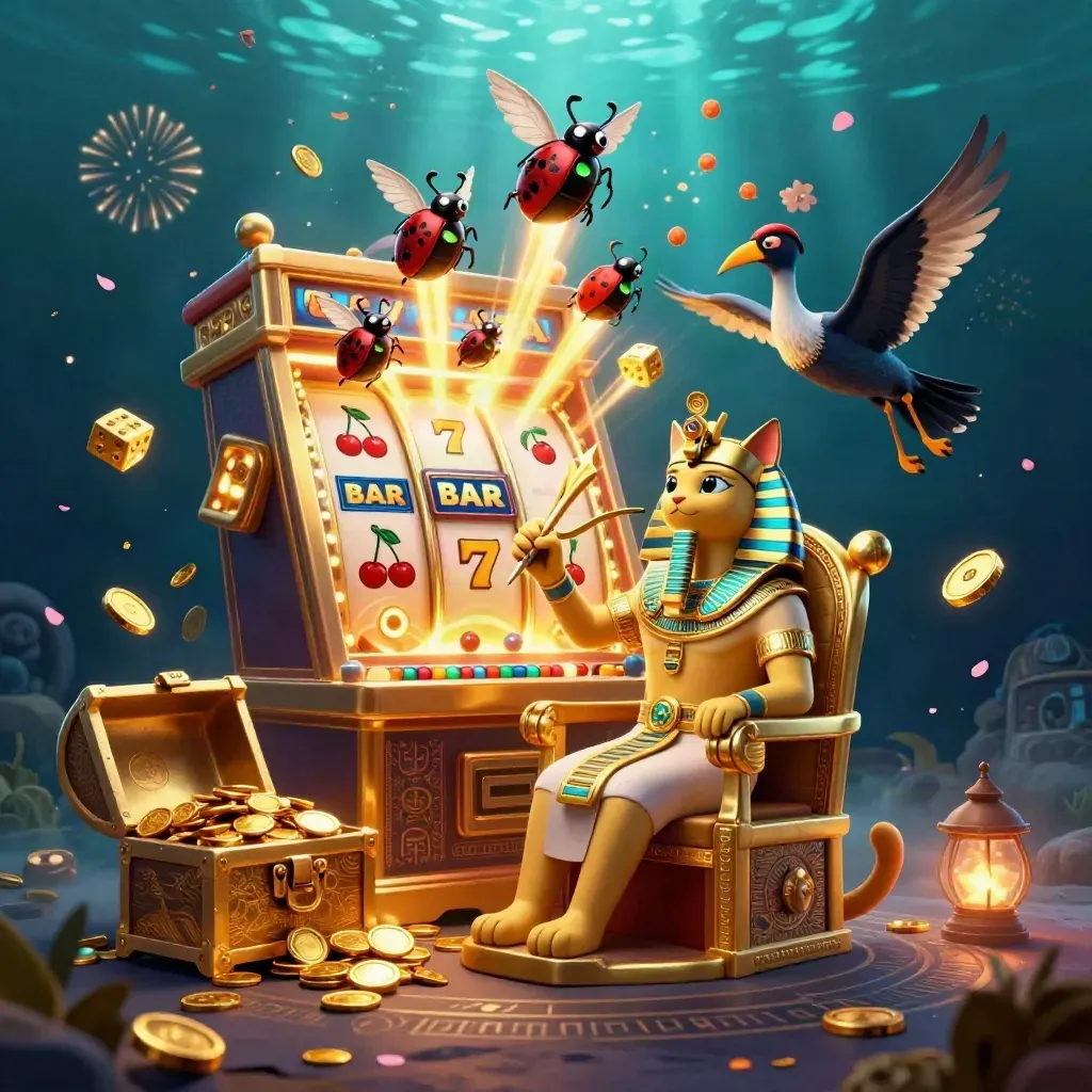 Kucing firaun emas, ibis, dan scarab di tengah ledakan jackpot slot bercahaya.