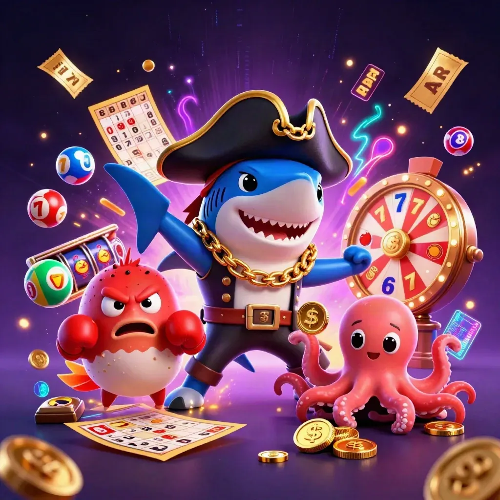 Hiu bajak laut, ikan buntal, dan gurita kecil dikelilingi bola lotre emas dan cahaya neon.