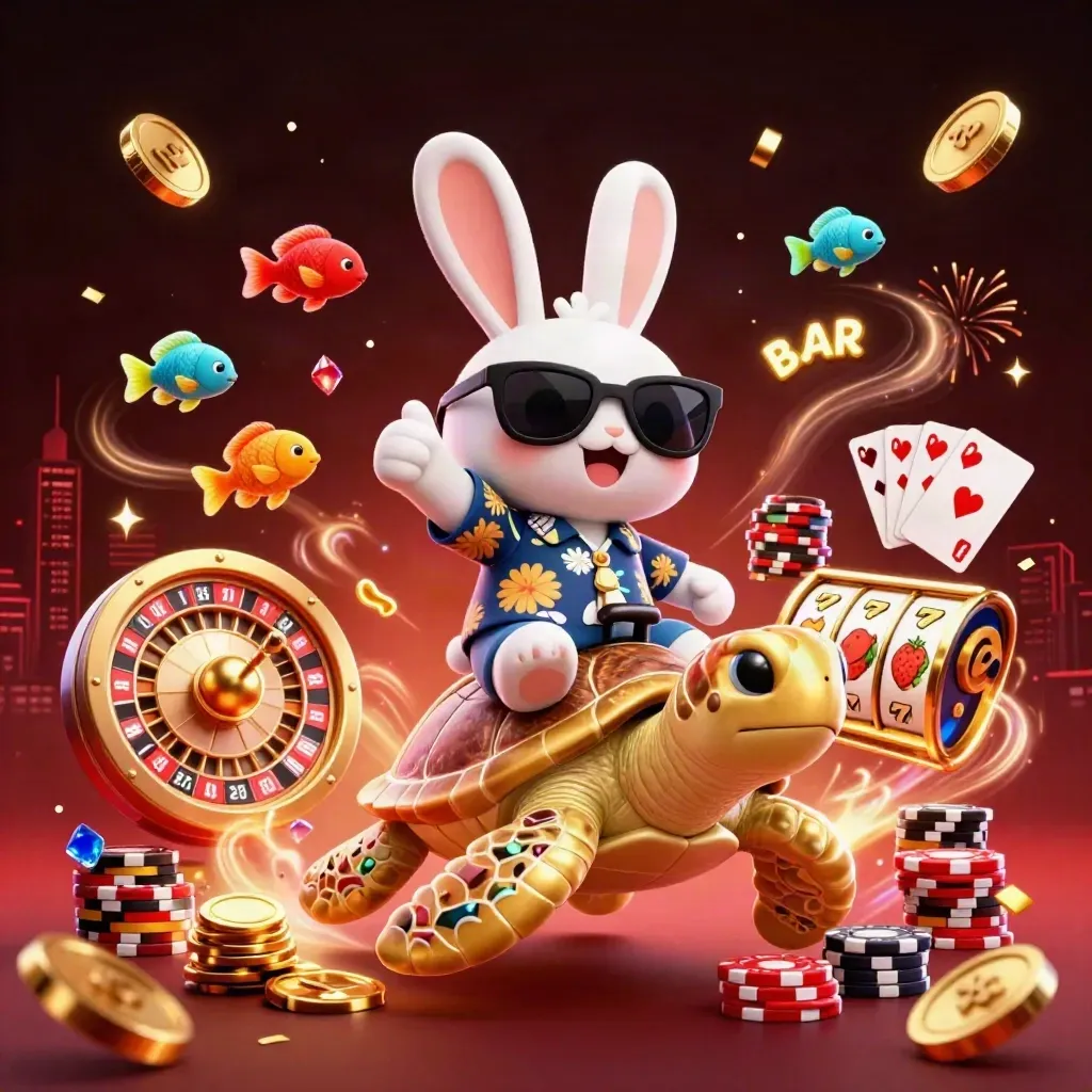 Kelinci kartun di kura-kura emas, koin, permata, roulette, dan slot meledak dengan nuansa neon.