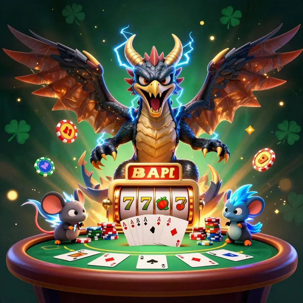 Naga petir, elang angin, dan tikus kecil di meja poker emas-neon dengan slot dan chip.